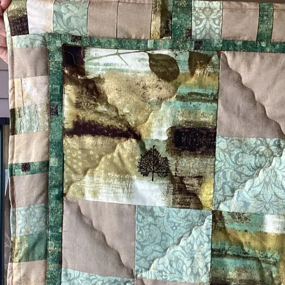 NWT Hand Crafted Greens and Golds Nature Prints Lap Quilt
